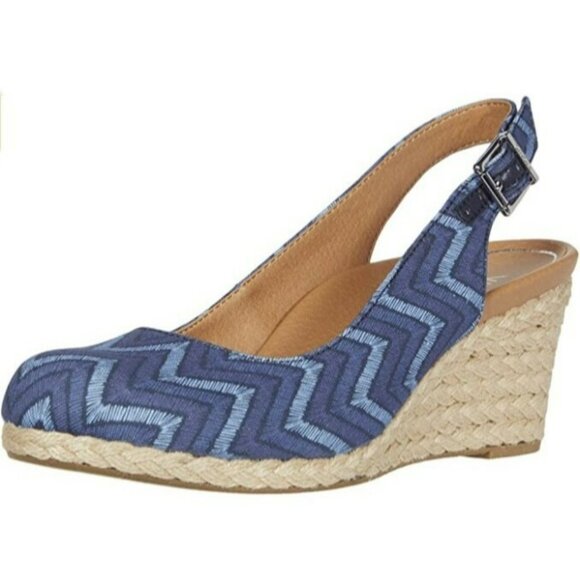 Vionic Aruba Coralina City Slingback Wedge Sandals Chevron Pattern Blue Size 5 U - Picture 1 of 7